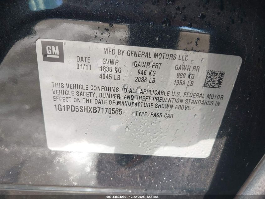 2011 Chevrolet Cruze Ls VIN: 1G1PD5SHXB7170565 Lot: 43894292