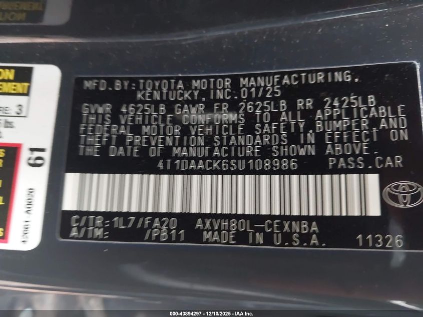 2025 Toyota Camry Le VIN: 4T1DAACK6SU108986 Lot: 43894297