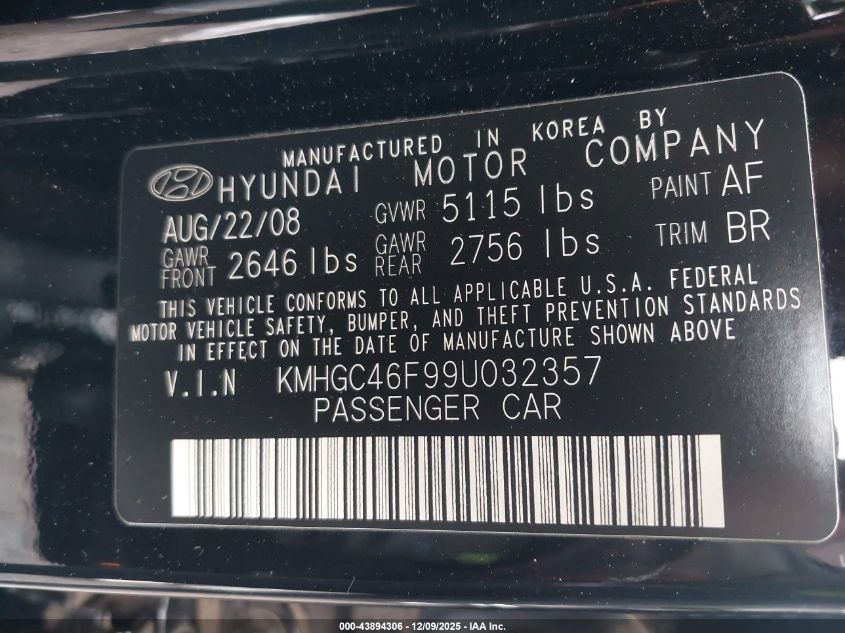 2009 Hyundai Genesis 4.6 VIN: KMHGC46F99U032357 Lot: 43894306