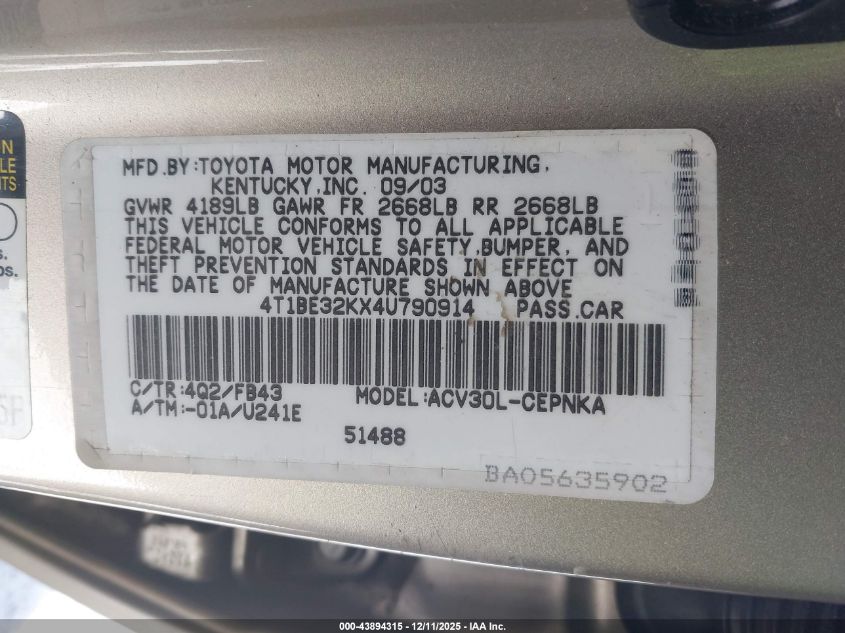 2004 Toyota Camry Le VIN: 4T1BE32KX4U790914 Lot: 43894315