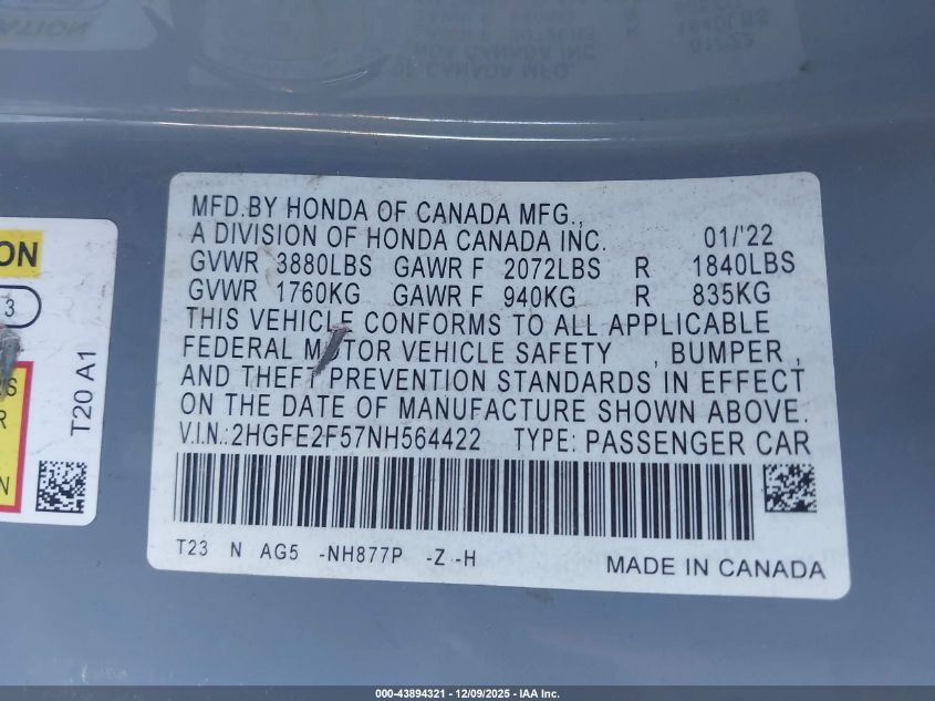 2022 Honda Civic Sport VIN: 2HGFE2F57NH564422 Lot: 43894321