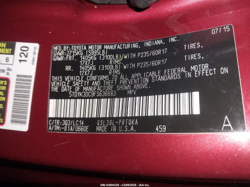 2015 Toyota Sienna Xle 8 Passenger VIN: 5TDYK3DC9FS636683 Lot: 43894325