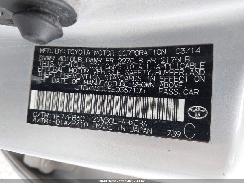 2014 Toyota Prius Two VIN: JTDKN3DU5E0367105 Lot: 43894331