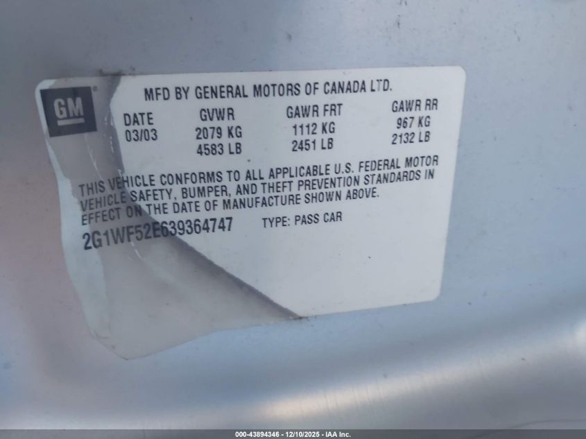 2003 Chevrolet Impala VIN: 2G1WF52E639364747 Lot: 43894346