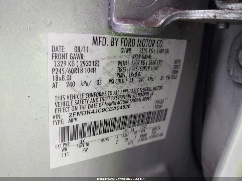 2012 Ford Edge Sel VIN: 2FMDK4JC9CBA04526 Lot: 43894359