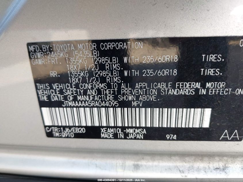 2024 Toyota Bz4X Xle VIN: JTMAAAAA5RA044095 Lot: 43894361