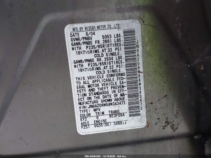 2004 Nissan Murano Se VIN: JN8AZ08W84W343472 Lot: 43894362