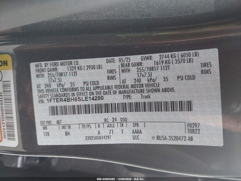 2025 Ford Ranger Xl VIN: 1FTER4BH6SLE14200 Lot: 43894369