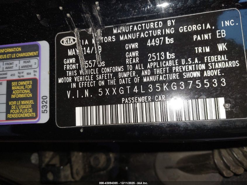 2019 Kia Optima S VIN: 5XXGT4L35KG375533 Lot: 43894385