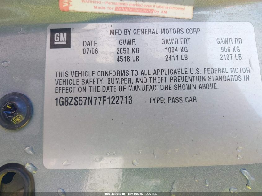 2007 Saturn Aura Xe VIN: 1G8ZS57N77F122713 Lot: 43894390