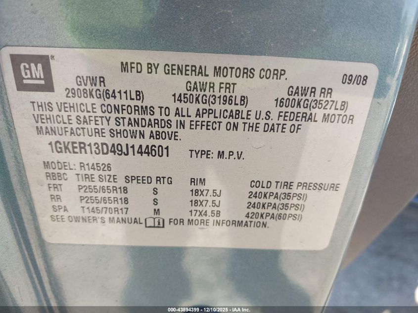 2009 GMC Acadia Sle-1 VIN: 1GKER13D49J144601 Lot: 43894399