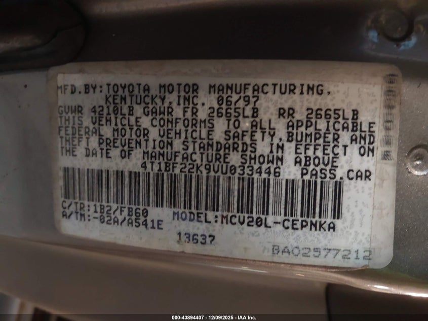 4T1BF22K9VU033446 1997 TOYOTA CAMRY photo no. 9