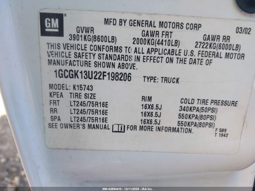 2002 Chevrolet Silverado 1500Hd Ls VIN: 1GCGK13U22F198206 Lot: 43894410