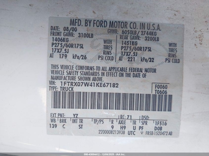 2001 Ford F-150 Lariat/Xl/Xlt VIN: 1FTRX07W41KE67182 Lot: 43894412