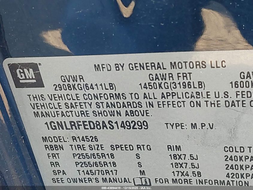 2010 Chevrolet Traverse Lt VIN: 1GNLRFED8AS149299 Lot: 43894419