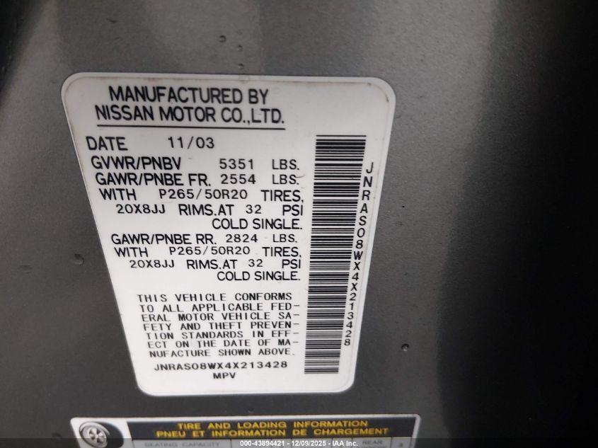 2004 Infiniti Fx35 VIN: JNRAS08WX4X213428 Lot: 43894421