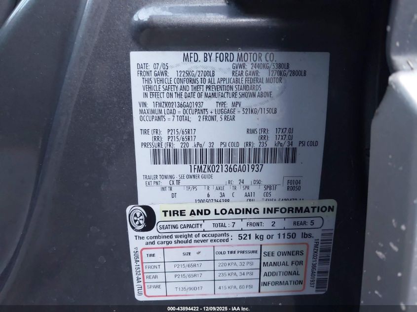 2006 Ford Freestyle Sel VIN: 1FMZK02136GA01937 Lot: 43894422