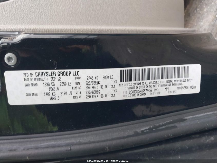 2013 Dodge Grand Caravan Sxt VIN: 2C4RDGCG4DR576456 Lot: 43894423