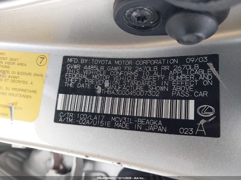 2004 Lexus Es 330 VIN: JTHBA30G045007302 Lot: 43894432