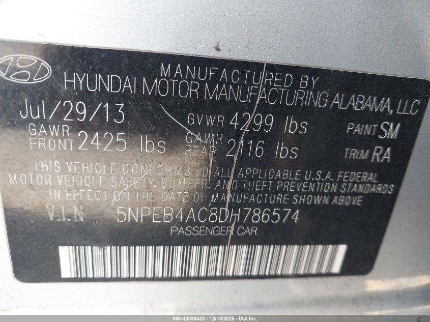 2013 Hyundai Sonata Gls VIN: 5NPEB4AC8DH786574 Lot: 43894433
