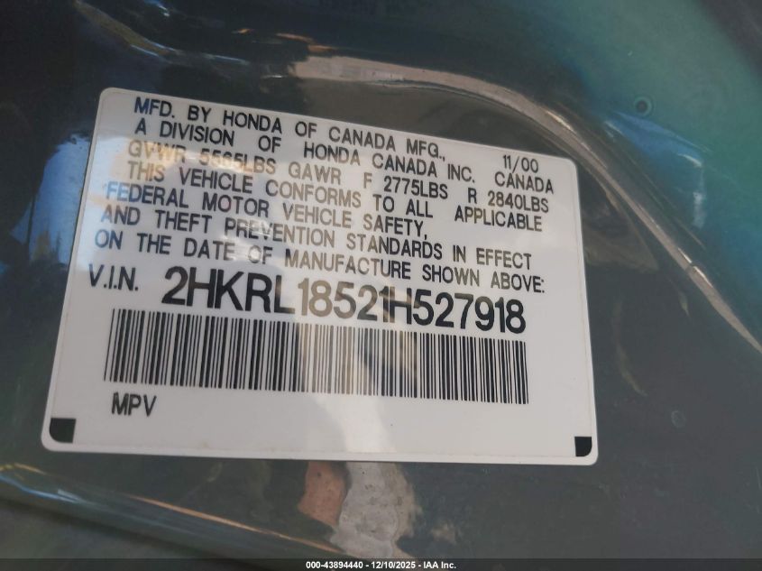 2001 Honda Odyssey Lx VIN: 2HKRL18521H527918 Lot: 43894440