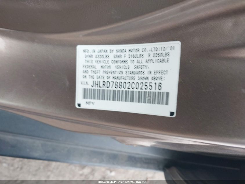 2002 Honda Cr-V Ex VIN: JHLRD78802C025516 Lot: 43894441