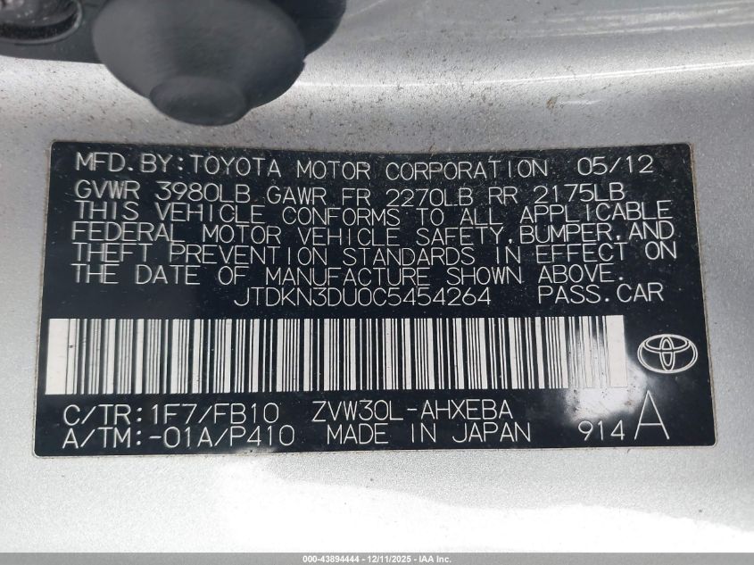 2012 Toyota Prius Three VIN: JTDKN3DU0C5454264 Lot: 43894444