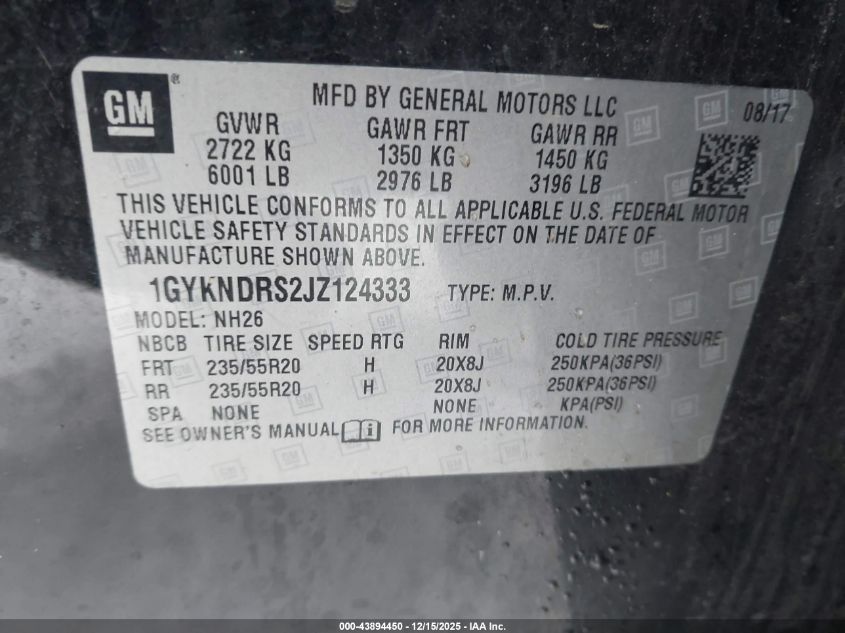 2018 Cadillac Xt5 Luxury VIN: 1GYKNDRS2JZ124333 Lot: 43894450