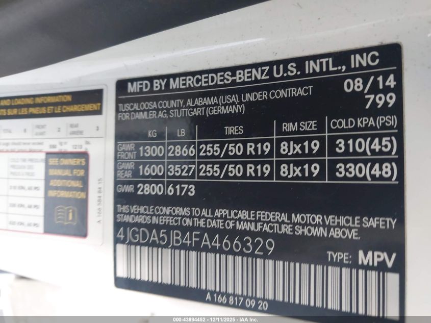 2015 Mercedes-Benz Ml 350 VIN: 4JGDA5JB4FA466329 Lot: 43894452