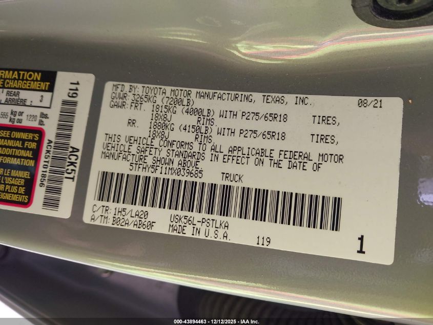 2021 Toyota Tundra Limited VIN: 5TFHY5F11MX039685 Lot: 43894463