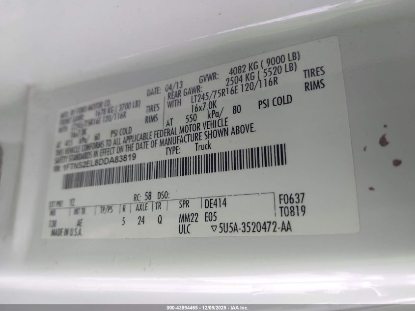 2013 Ford E-250 Commercial VIN: 1FTNS2EL8DDA83819 Lot: 43894465