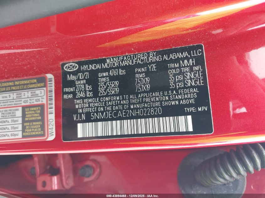 2022 Hyundai Tucson Limited VIN: 5NMJECAE2NH022820 Lot: 43894468