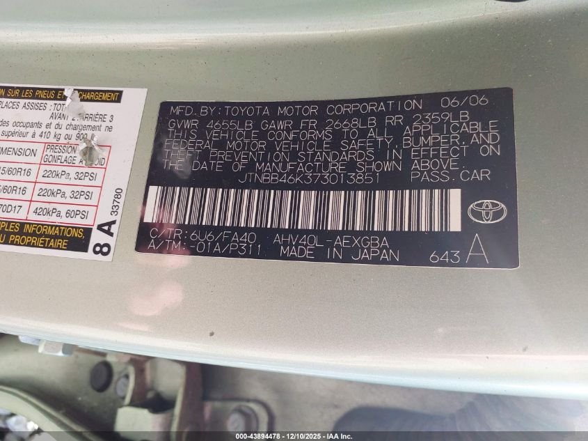 2007 Toyota Camry Hybrid VIN: JTNBB46K373013851 Lot: 43894478