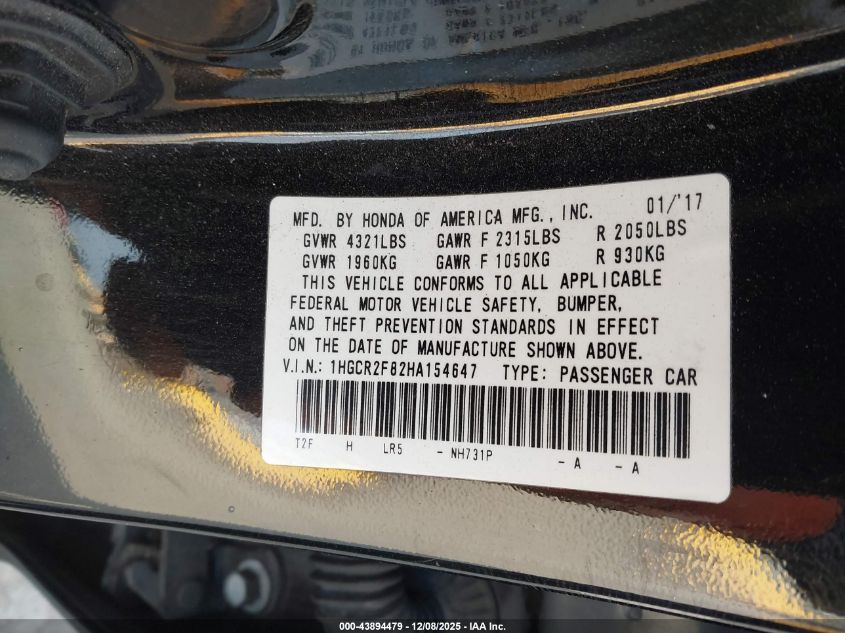 2017 Honda Accord Ex-L VIN: 1HGCR2F82HA154647 Lot: 43894479