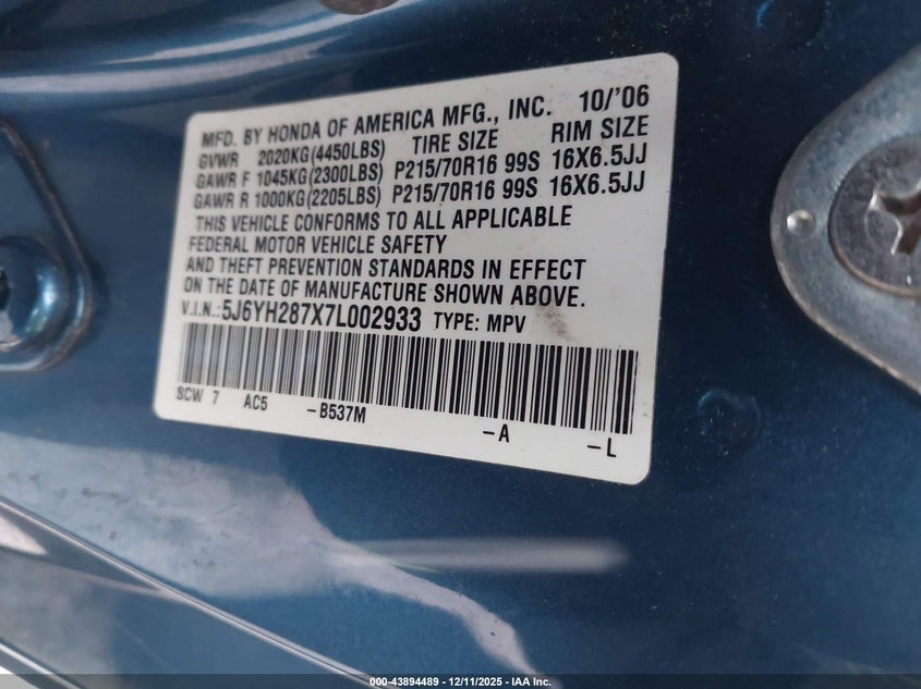 5J6YH287X7L002933 2007 HONDA ELEMENT photo no. 9