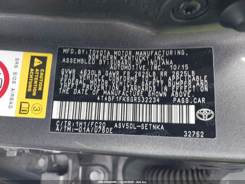 2016 Toyota Camry Le VIN: 4T4BF1FK6GR532234 Lot: 43894490
