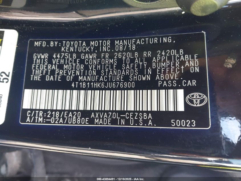 2018 Toyota Camry Se VIN: 4T1B11HK6JU676900 Lot: 43894491