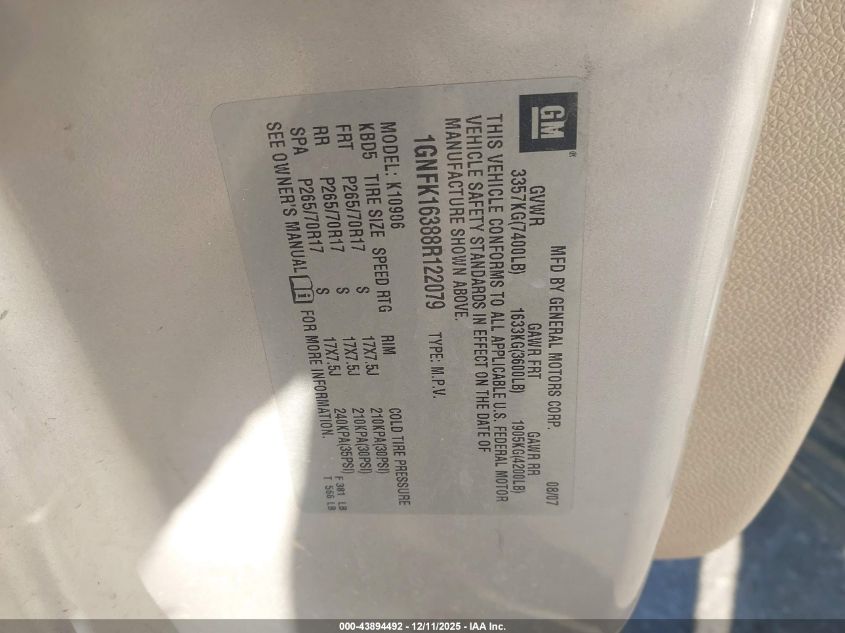 2008 Chevrolet Suburban 1500 Lt VIN: 1GNFK16388R122079 Lot: 43894492