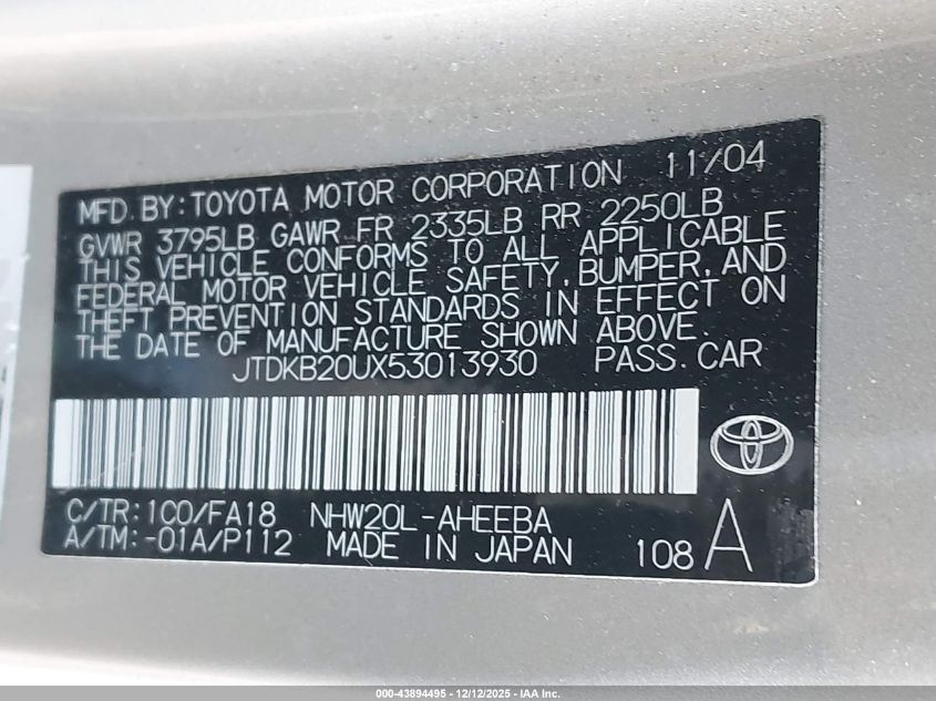 2005 Toyota Prius VIN: JTDKB20UX53013930 Lot: 43894495