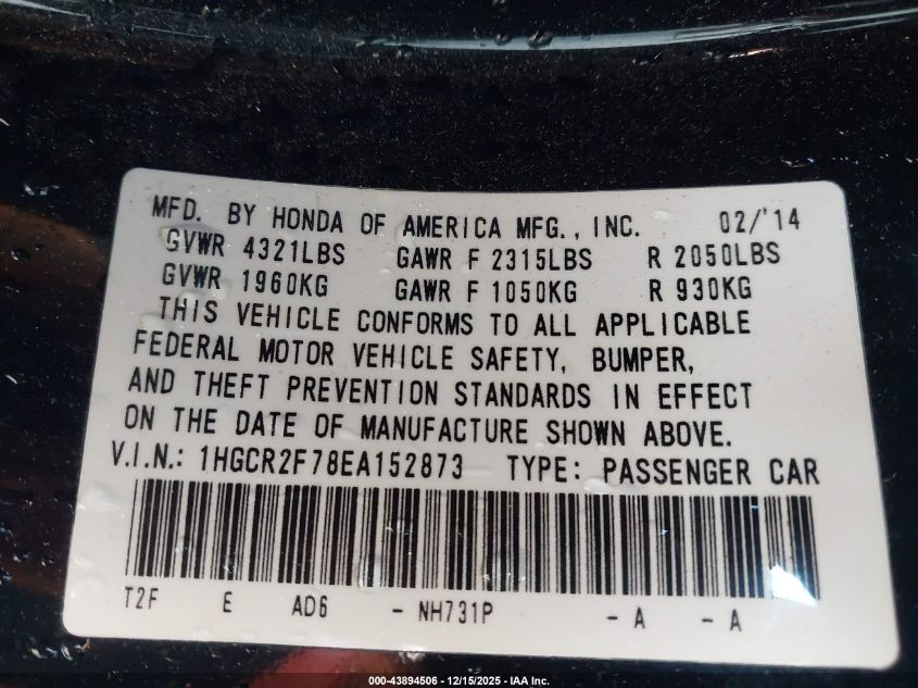 2014 Honda Accord Ex VIN: 1HGCR2F78EA152873 Lot: 43894506