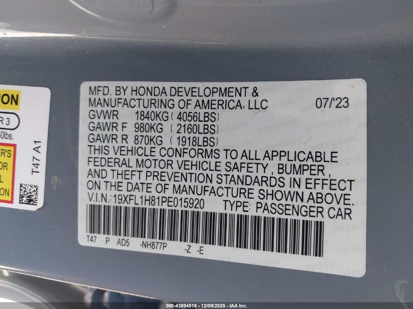 2023 Honda Civic Sport Touring VIN: 19XFL1H81PE015920 Lot: 43894516