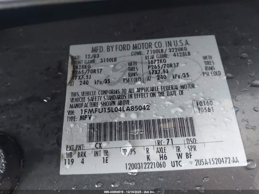 2004 Ford Expedition Xlt VIN: 1FMFU15L04LA85042 Lot: 43894519