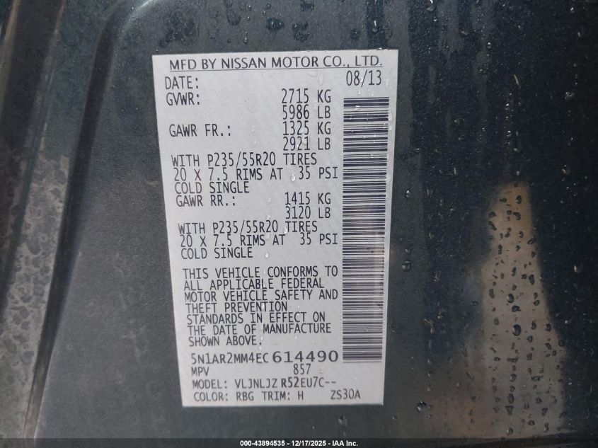 2014 Nissan Pathfinder Platinum VIN: 5N1AR2MM4EC614490 Lot: 43894535