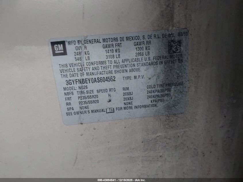 2010 Cadillac Srx Performance Collection VIN: 3GYFNBEY0AS604562 Lot: 43894541