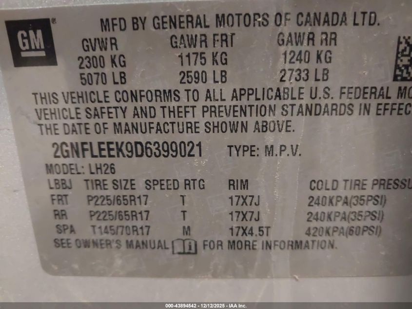 2013 Chevrolet Equinox 1Lt VIN: 2GNFLEEK9D6399021 Lot: 43894542