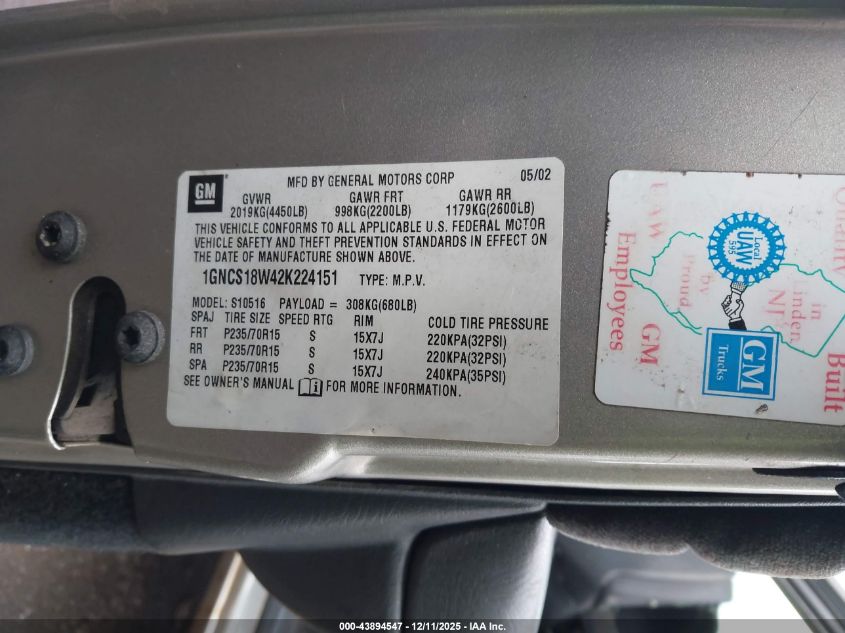 2002 Chevrolet Blazer Ls VIN: 1GNCS18W42K224151 Lot: 43894547