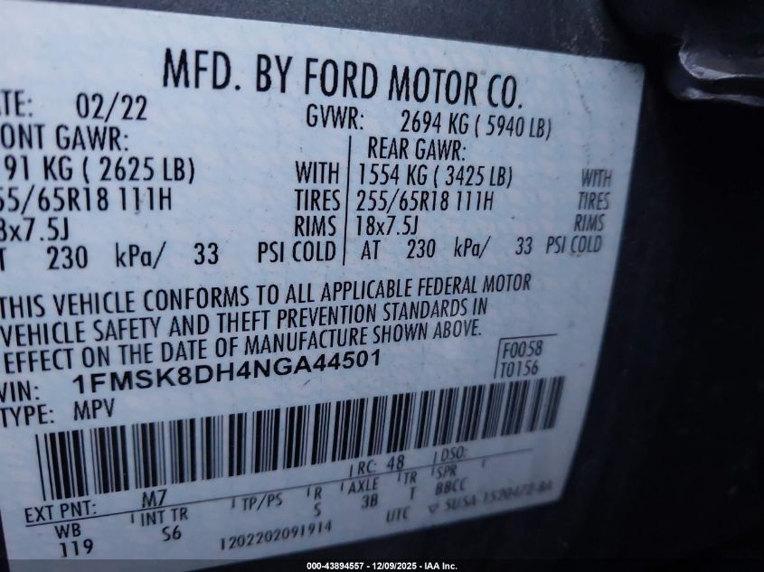 2022 Ford Explorer Xlt VIN: 1FMSK8DH4NGA44501 Lot: 43894557