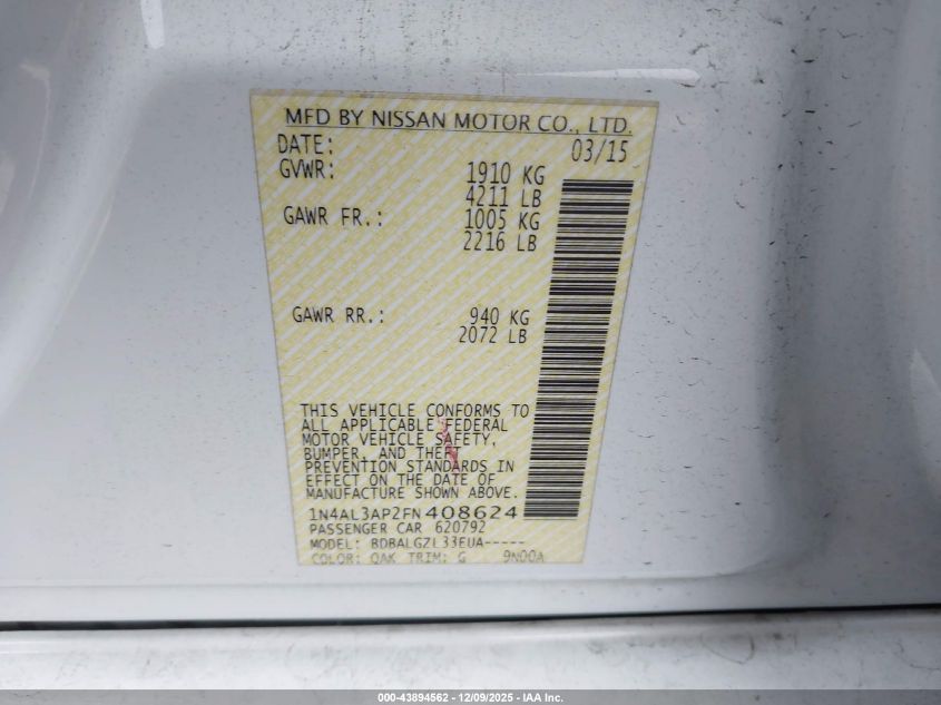 2015 Nissan Altima 2.5 S VIN: 1N4AL3AP2FN408624 Lot: 43894562