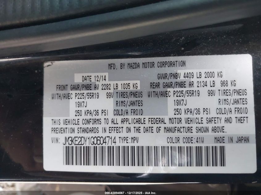 2016 Mazda Cx-5 Grand Touring VIN: JM3KE2DY1G0604714 Lot: 43894567