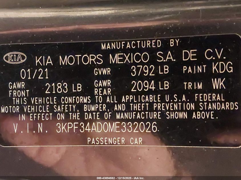 2021 Kia Forte Gt-Line VIN: 3KPF34AD0ME332026 Lot: 43894582